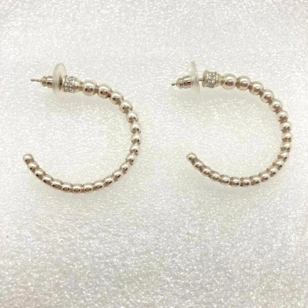 Silver Tone Beaded Open Hoop‎ Earrings Rhinestone Accent Womens Fashion Jewelry